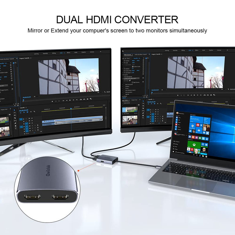 [Australia - AusPower] - Qwiizlab USB 3.0 to HDMI Adapter for Dual Screens, 1080P 60Hz Video Graphics Converter for PC Dekstop Laptop, Compatible with Windows 7/8/8.1/10/11 (Donnot Support Win XP/Vista, Mac, Chrome, Android) 