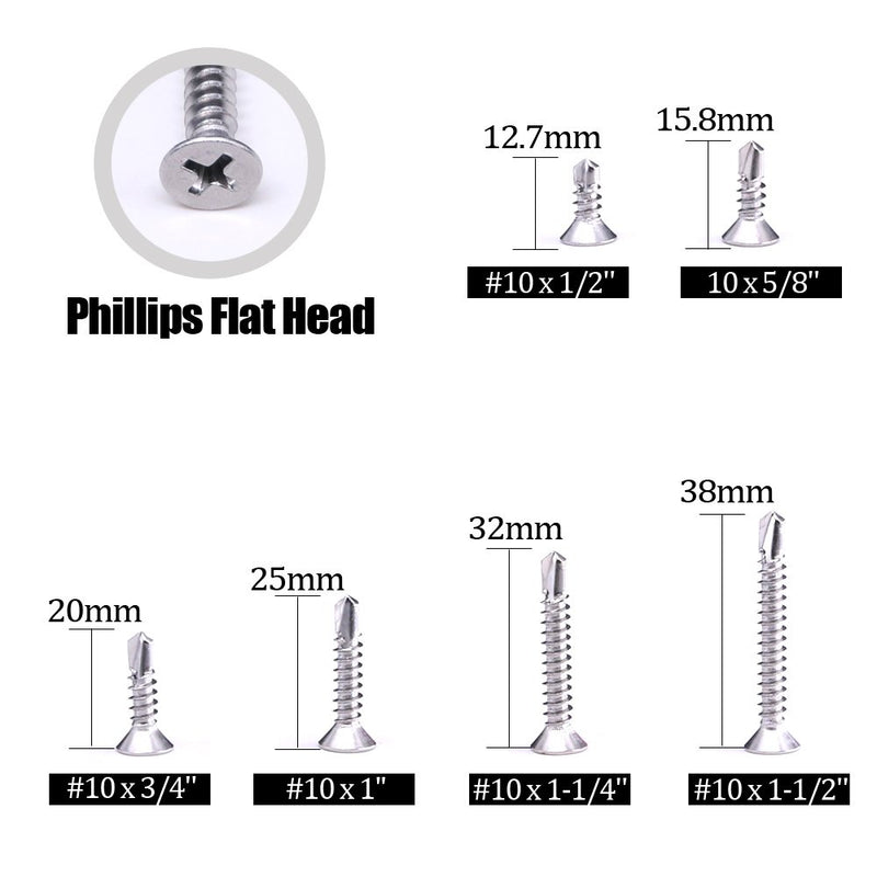 [Australia - AusPower] - Hilitchi 410 Stainless Steel #10 Flat Head Phillips Self Drilling Screws Sheet Metal Tek Screws Assortment Kit, Modified Truss Head Self Driller - Size: #10 x 1/2'' - 1-1/2'' - Pack of 200 