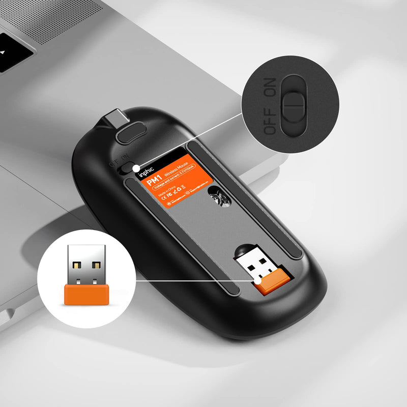 [Australia - AusPower] - INPHIC Wireless Mouse for Laptop, 2.4G Slim Mouse 700mAh Rechargeable, Noiseless Computer Mouse with USB Receiver, 3 Adjustable DPI Optical Cordless Mouse for MacBook, Chromebook, PC, Laptop-Black black 