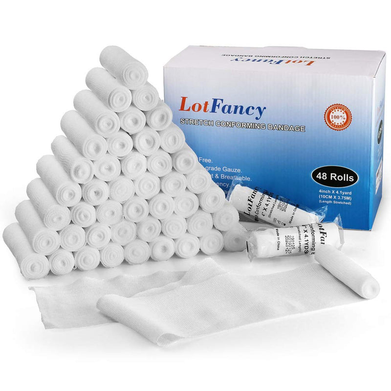 [Australia - AusPower] - LotFancy Gauze Bandage Roll, 48-Count Gauze Wrap, 4" x 4 Yards Stretched, Conforming Gauze Rolls, Medical Wound Care Supplies for First Aid 48 Count (Pack of 1) 