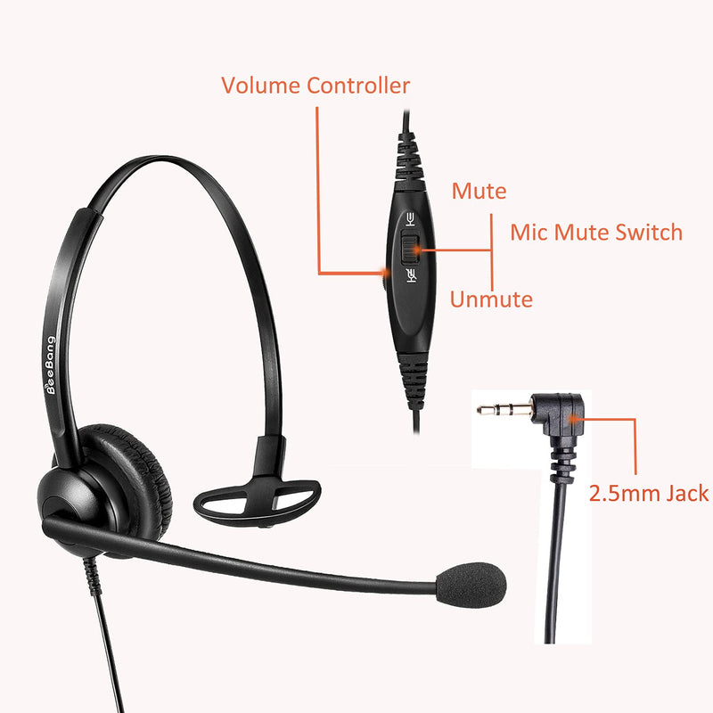 [Australia - AusPower] - 2.5mm Headset for Cordless Phone Telephone Headset with Noise Canceling Mic for DECT AT&T ML17929 Vtech Panasonic KX-TCA430 KX-T7630 Call Center Home Office Compatible with Jabra Monaural BNG510SQD011 