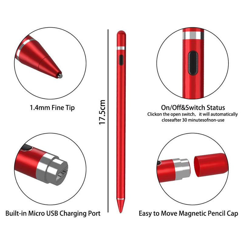 [Australia - AusPower] - Active Stylus Compatible with Apple iPad, Stylus Pens for Touch Screens,Rechargeable Capacitive 1.5mm Fine Point with iPhone iPad and Other Tablets (Red) Red 