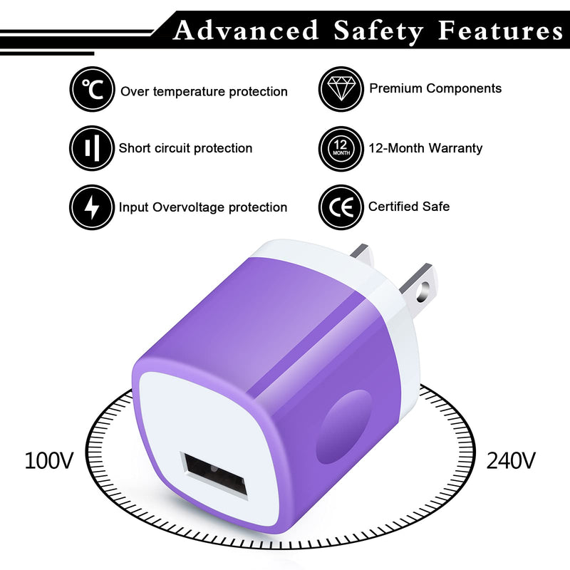 [Australia - AusPower] - Charger Box,Charging Block, 5Pack 1A One Port USB Plug Fast Wall Charger Compatible with iPhone 13 Pro,12 Pro Max,11 Pro Max,SE,8,7,6 Plus,Samasung Galaxy S21 Ultra S20 FE S10 Plus A12 A21 A52 F52 A72 Green,Purple,Black,Rose,Blue 