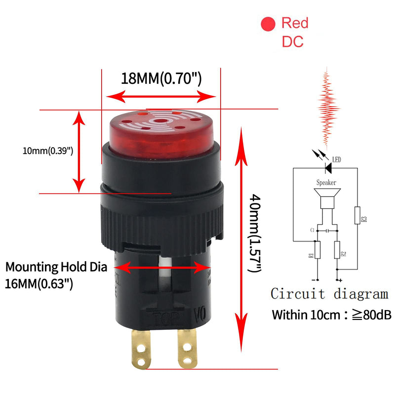 [Australia - AusPower] - 16MM Buzzer Red Indicator Light Lamp 12V 24VDC LED Blue Black 0.63" Round Rectangle Cap Alarm Signal Indicator Blue Electrical Control Panel DIY 2Pcs (Red with Light,24VDC, Round) Red With Light,24vdc 