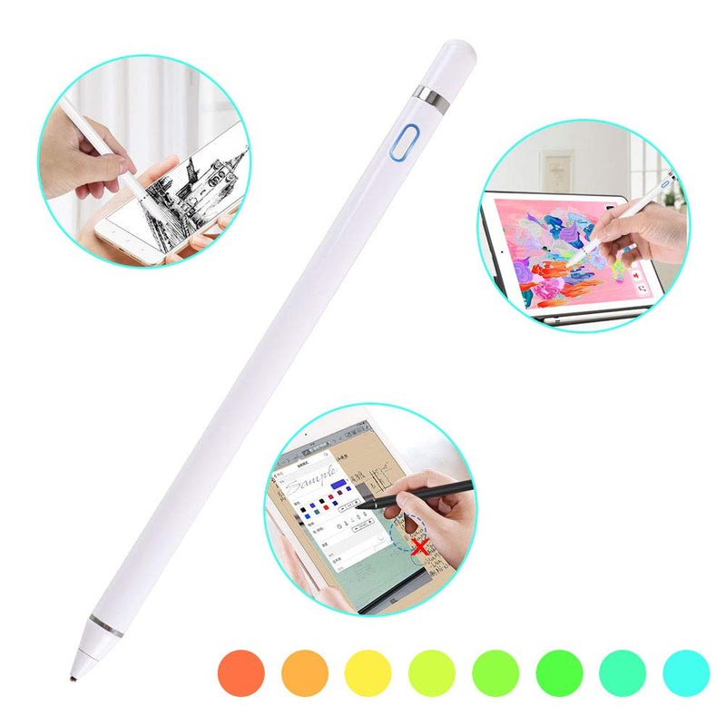 [Australia - AusPower] - Active Stylus Pens for Touch Screens, Stylist Digital Pen, 1.5mm Fine Point Rechargeable Pencil for Drawing/Writing/Playing, Compatible with iOS/Android and Other Tablets (White) White 