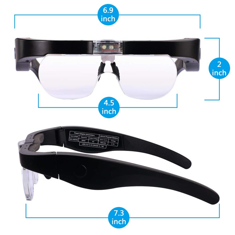 [Australia - AusPower] - Head Magnifier Glasses with 2 LED Lights USB Charging Magnifying Eyeglasses for Reading Jewelry Craft Watch Repair Hobby, Detachable Lenses 1.5X, 2.5X, 3.5X,5X Black 
