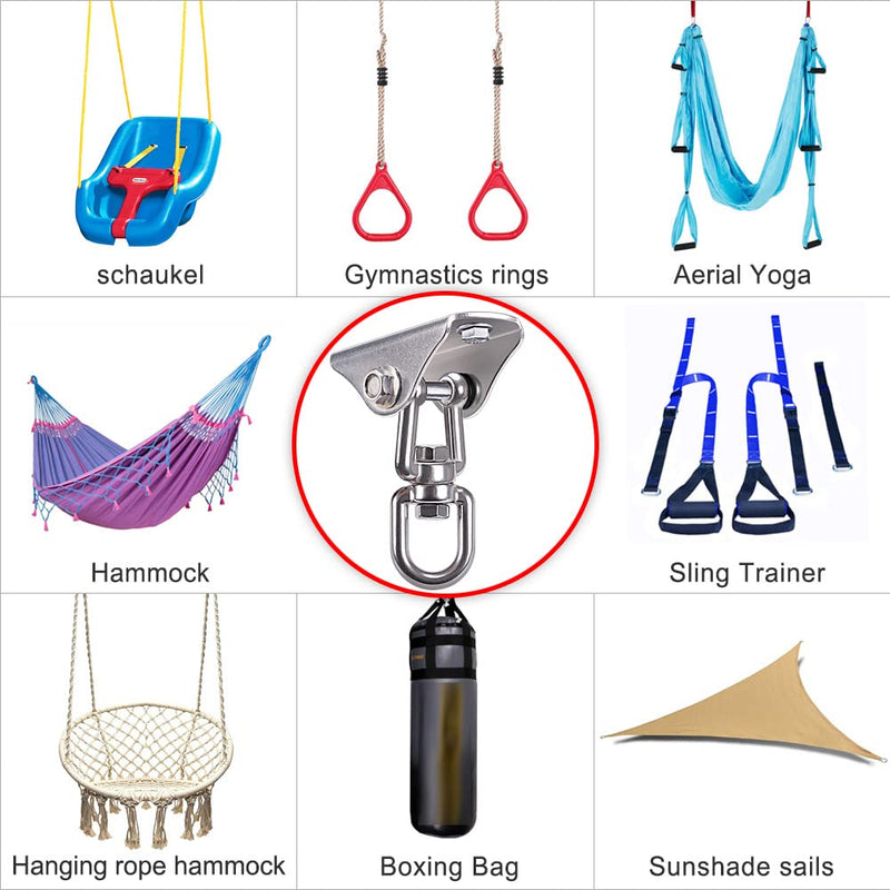 [Australia - AusPower] - BeneLabel Permanent Antirust Stainless Steel Heavy Duty Swing Hanger, 1000 LB Capacity, 2 Screws for Wooden and 2 Expansion Bolts for Concrete, Yoga Hammock Chair Sandbag Swing Sets, 360° Swing 