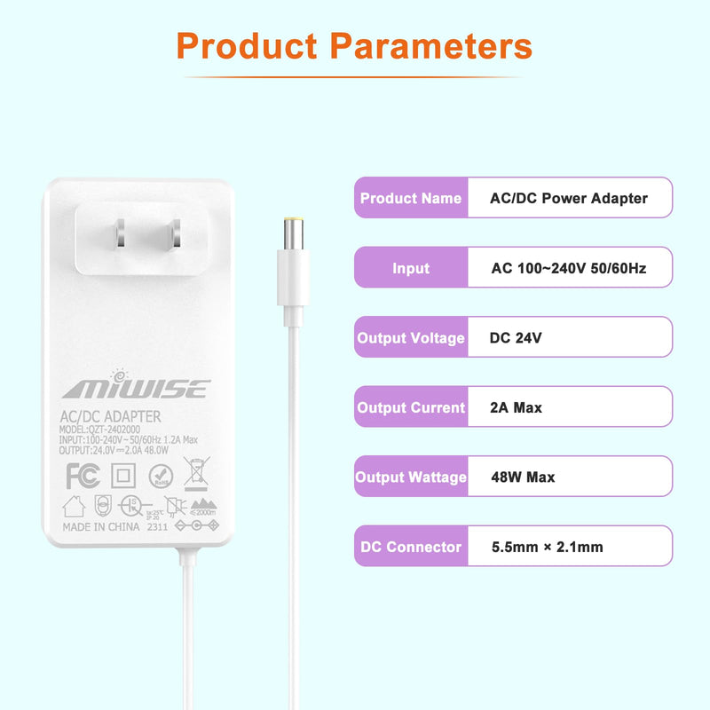 [Australia - AusPower] - MIWISE Power Supply Adapter DC24 2A 48W AC to DC Converter Transformer 100-240V AC Input,forfor COB LED Strip, CCTV Camera,White,2.1mm X 5.5mm US Plug DC24V 48W/2A 