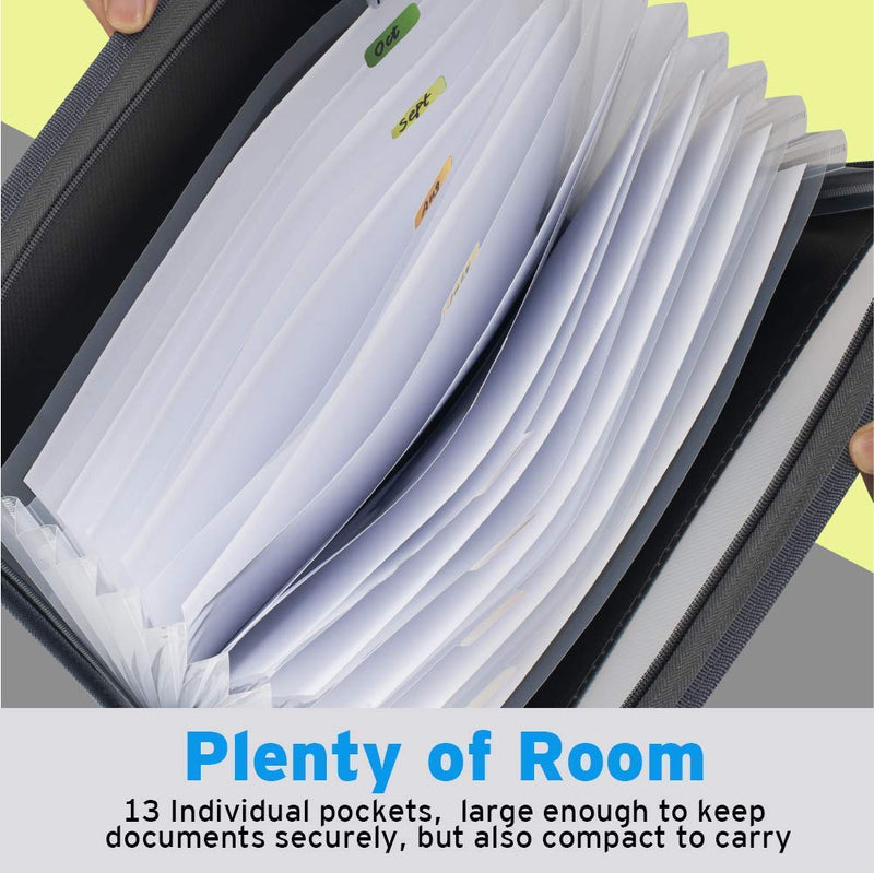 [Australia - AusPower] - Sooez 13 Pocket Expanding File Folder with Sticky Labels, Accordion File Folder Document Organizer Expanding Zip File Folder with Zipper Closure，Letter A4 Paper Document Accordion Folder, Black 