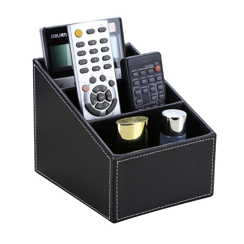 [Australia - AusPower] - KINGFOM Remote Control Holder with 3 Compartments Pu Leather Remote Caddy Desktop Organizer Store Brush, Pencil, TV Guide, DVD, CD, Blu-Ray, Media Player, Heater Controllers(Black) Black 