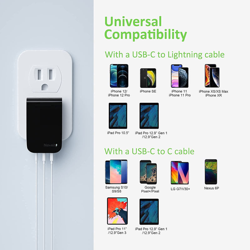 [Australia - AusPower] - Nekmit USB C Charger, Fast Thin Flat 30W 3-Port Wall Charger with 18W Power Delivery and 2 USB Ports for iPhone 12/12 Pro / 12 Pro Max, Galaxy, iPad Pro, AirPods Pro and More Black 
