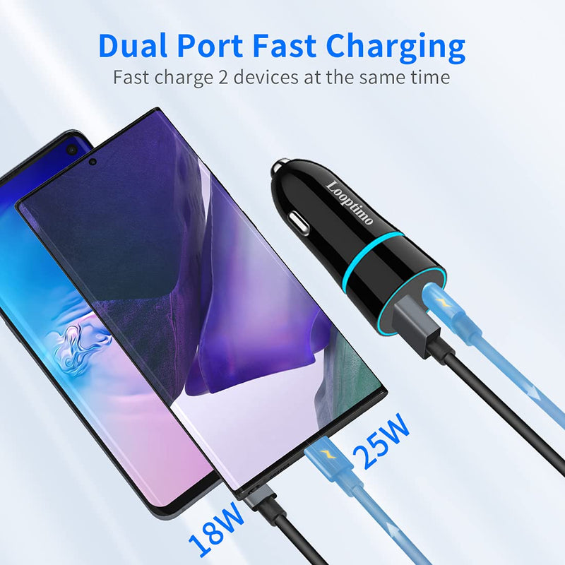 [Australia - AusPower] - Looptimo Super Fast USB C Car Charger, 25W PD&18W QC3.0 Compatible for Samsung Galaxy S22/S21/S20/Ultra/Plus/S21 FE/A32 5G/Z Fold 3 5G, Google Pixel, Dual Fast Car Charger+2 Pack Type C Cables 3.3ft 