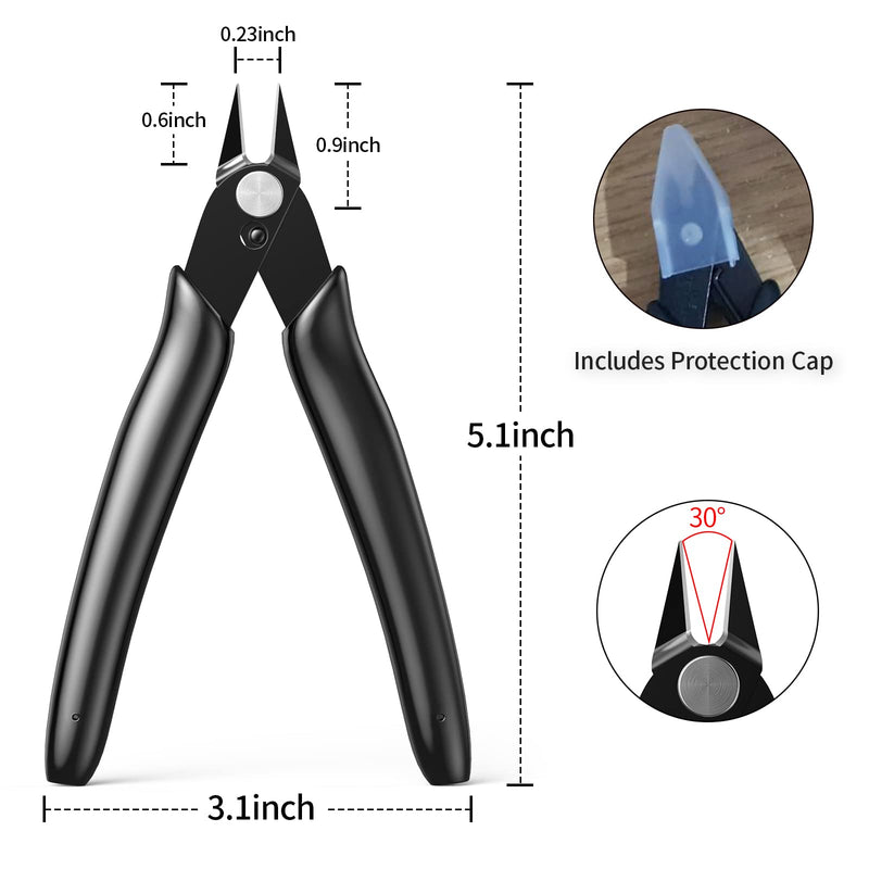 [Australia - AusPower] - BOENFU Wire Cutters Zip Tie Cutters Micro Flush Cutter 2 Pack 5 Inch Precision Wire Clippers Hobby Snips Small Side Cutting Pliers for Jewelry Making, Electronics | Black Black ( 2 Pack ) 