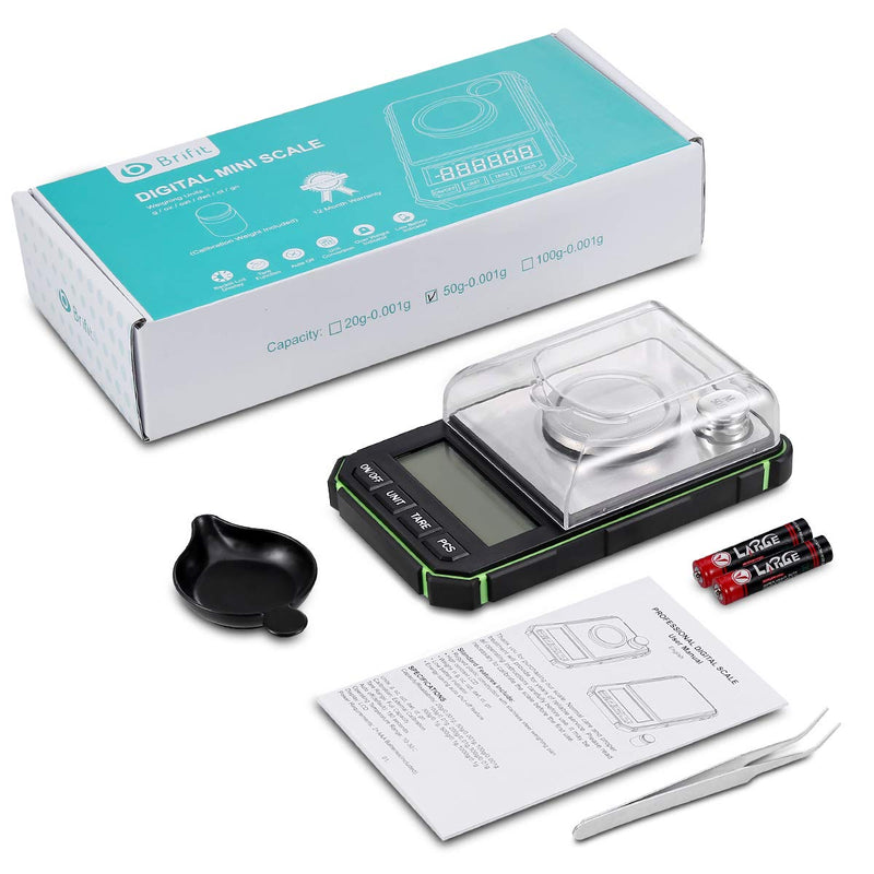 [Australia - AusPower] - Digital Milligram Scale, 50g Portable Mini Scale, 0.001g Precise Graduation, Professional Pocket Scale with 50g Calibration Weights Tweezers (Batteries Included) Green 