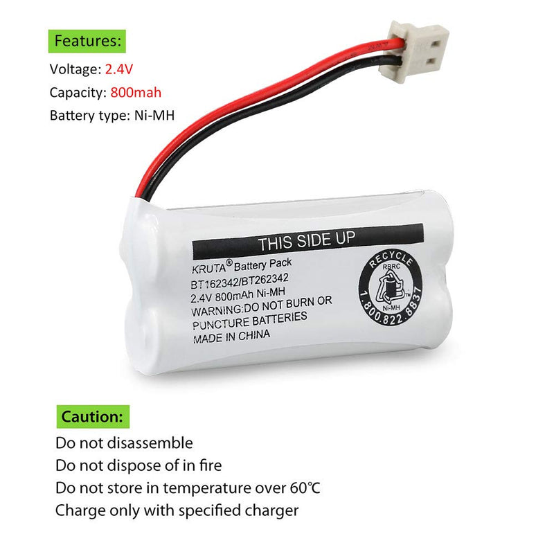 [Australia - AusPower] - Kruta BT162342/BT262342 2.4V 800mAh Ni-MH Cordless Phone Battery Pack, Also Compatible with BT183342/BT283342 AT&T EL52351 TL90070 VTech CS5119 DS6511 DS6722 LS6305 Handset, 2-Pack 