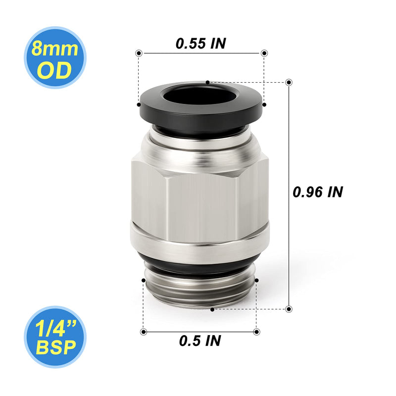 [Australia - AusPower] - TAILONZ PNEUMATIC Straight 8mm Tube OD x 1/4 Inch G Thread Push to Connect Fitting with Sealing Ring PCG8-02 (Pack of 10) 8mm OD x 1/4 BSP 