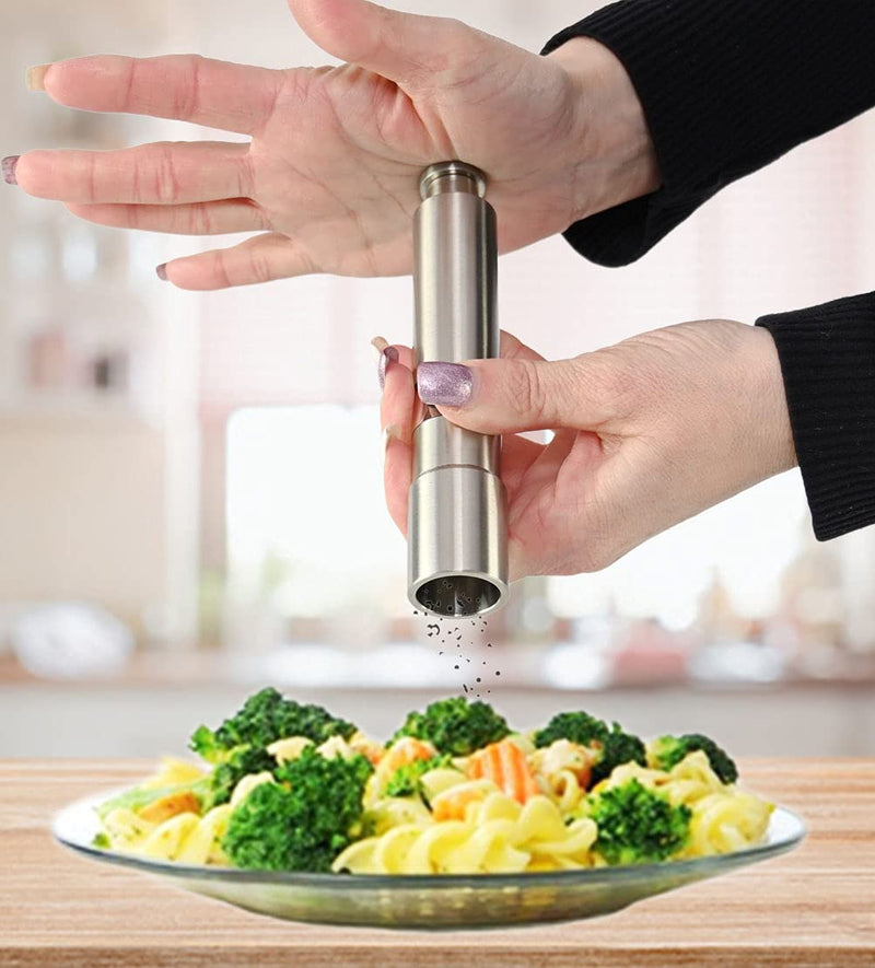 [Australia - AusPower] - HOME-X Stainless Steel One Hand Thumb Push Button Salt and Pepper Grinder with Stand-Set of 2-Modern Fresh Pepper, Sea Salt,Himalayan Salt 