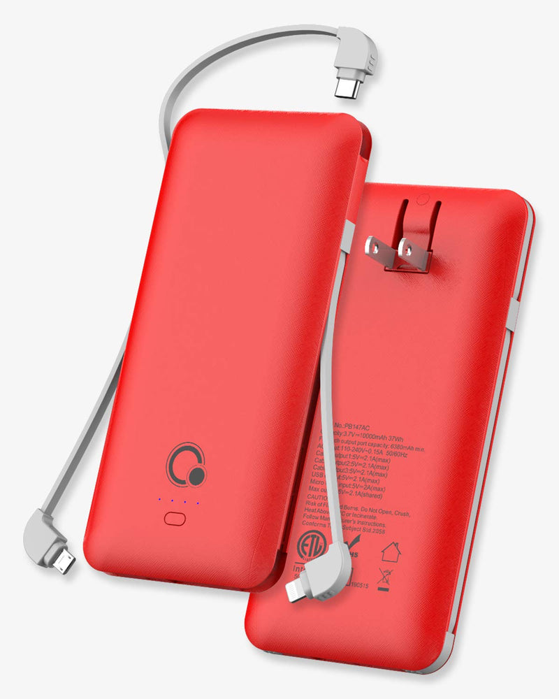 [Australia - AusPower] - 10000mAh Portable Charger, Ultra Slim Power Bank,4 Output and Dual Input External Battery Pack with Built-in AC Wall Plug Micro USB Type C Three Cables with USB Output Compatible with All mobilephone 