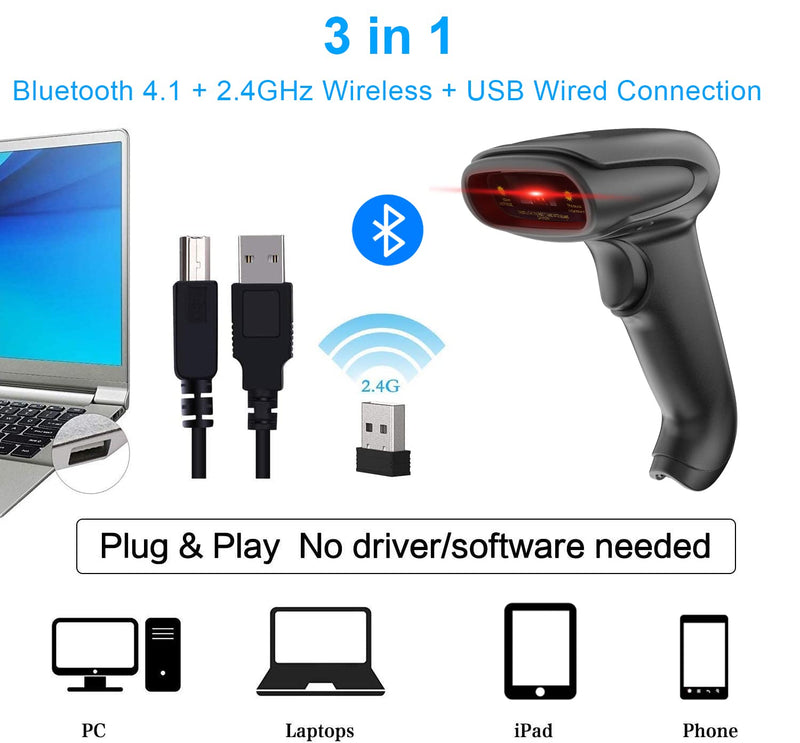 [Australia - AusPower] - USB Bluetooth Barcode Scanner with Stand,Alacrity Handsfree Barcode Scanner Wireless Versatile 3-in-1Rechargeable Cordless 1D Barcode Reader USB Handheld Bar Code Scanner Wireless Inventory Scanner 