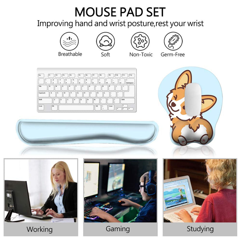 [Australia - AusPower] - HAOCOO Keyboard Pad Wrist Rest and Gel Mouse Pad with Wrist Support,Ergonomic Corgi Mouse Pads with Non-Slip Backing Memory Foam Filled, Easy Typing &Pain Relief for Home Office Computer Laptop(Blue) Blue 