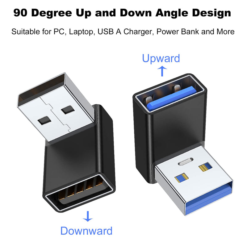 [Australia - AusPower] - AreMe 90 Degree USB 3.0 Adapter 2 Pack, Up and Down Angle USB A Male to Female Converter Extender for PC, Laptop, USB A Charger, Power Bank and More (Black) Up/Down Black 