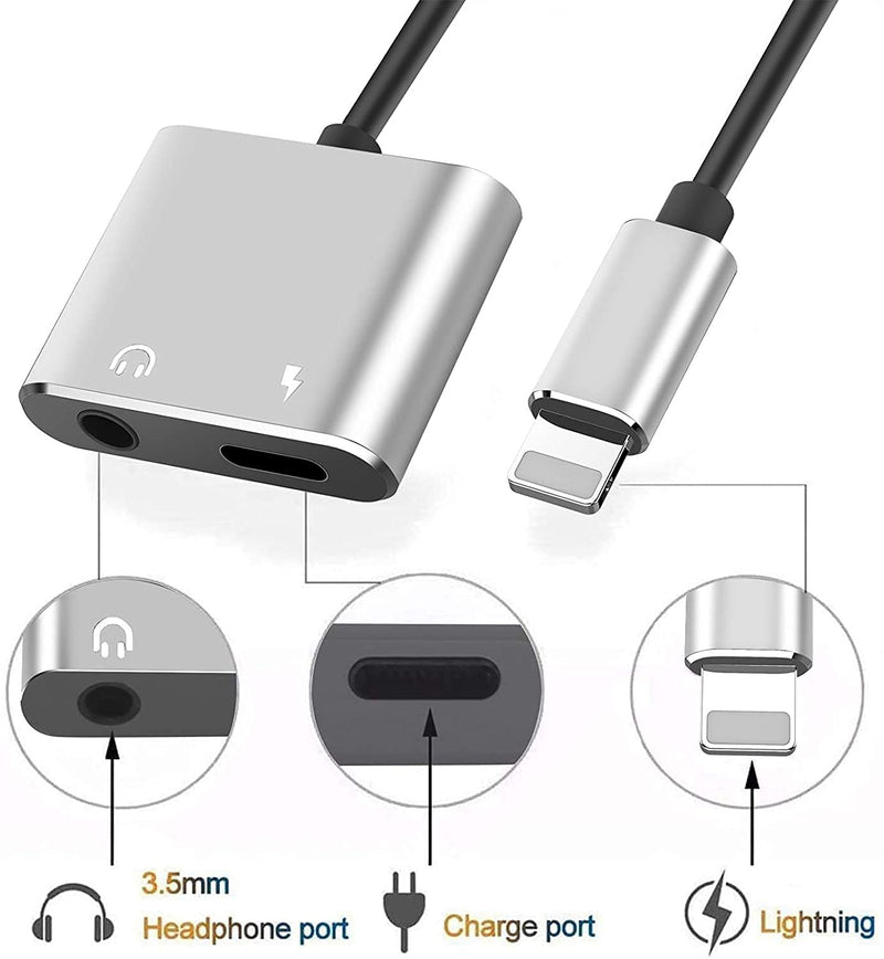 [Australia - AusPower] - [Apple MFi Certified] Lightning to 3.5mm Headphone Adapter for iPhone, 2 in 1 Headphone Audio Splitter, Adapter AUX Connector Charger Cable Replacement for iPhone 13/12/SE/XR/XS/X/8/7/7 Plus(Silver) Silver 