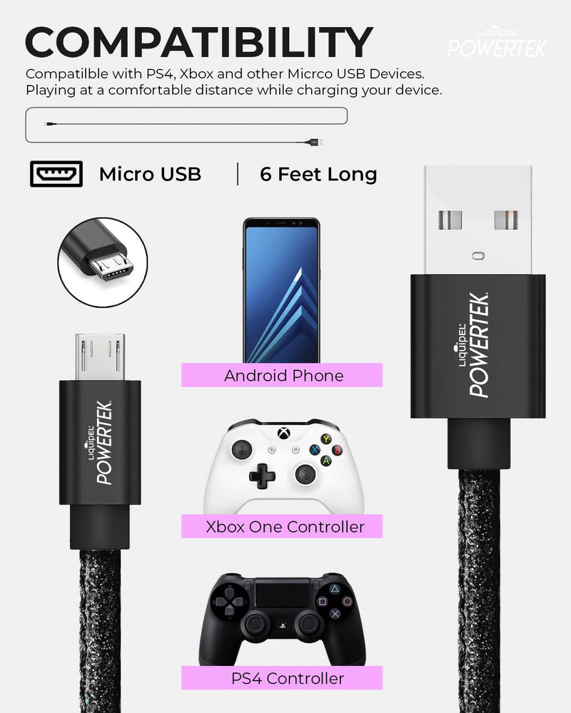 [Australia - AusPower] - Liquipel Powertek Micro USB Charger Cable for Cell Phones & Electronic Devices, 6FT (Black) Black 