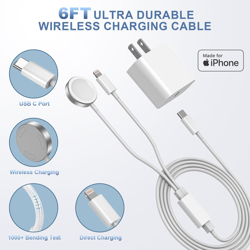 [Australia - AusPower] - Upgraded Apple Watch Charger,2-in-1 USB C Fast iPhone Watch Charger [Apple MFi Certified] 6FT Wireless Charging Cable with 20W Wall Charger Block for Apple Watch Series 8/7/6/5/SE & iPhone14/13/12/11 1 Pack 