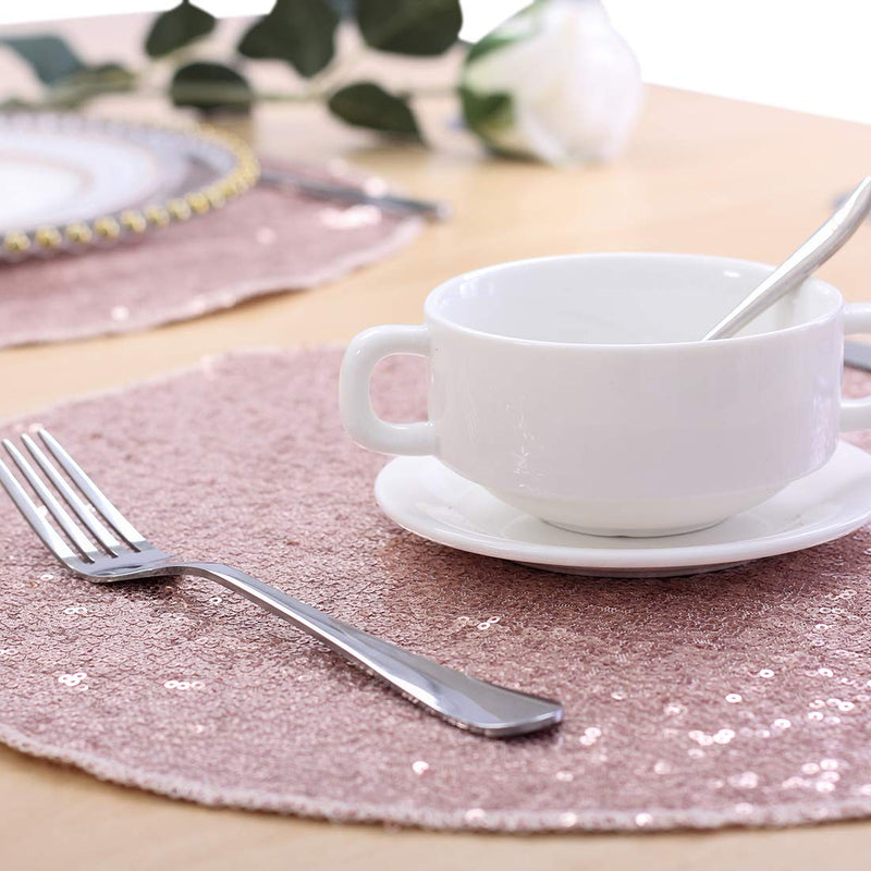 [Australia - AusPower] - Sequin Placemats Set of 6, Heat-Resistant Dining Table Mats, Stain-Resistant Kitchen Table Placemats, Elegant Sparkle Placemat for Party Wedding Accent Centerpiece Decoration(Rose Gold, 15" Round) 15"R-6pcs Rose Gold 