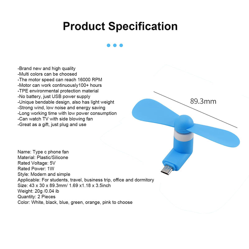 [Australia - AusPower] - Sokelinn-six Type C Phone Fan, Mini USB C Cooling Hand Fans Portable Summer Cooler for ipad Type C Plug Devices-2 Pieces (Blue) Blue 