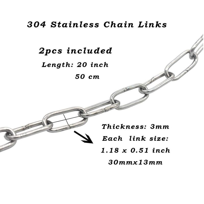 [Australia - AusPower] - Bytiyar 2 pcs Stainless Steel Safety Chains 20in (L) x 0.12in (T) Long Link Chain Rings Light Duty Coil Chain for Hanging Pulling Towing Length*Thickness_50cm * 3mm_2 pcs 