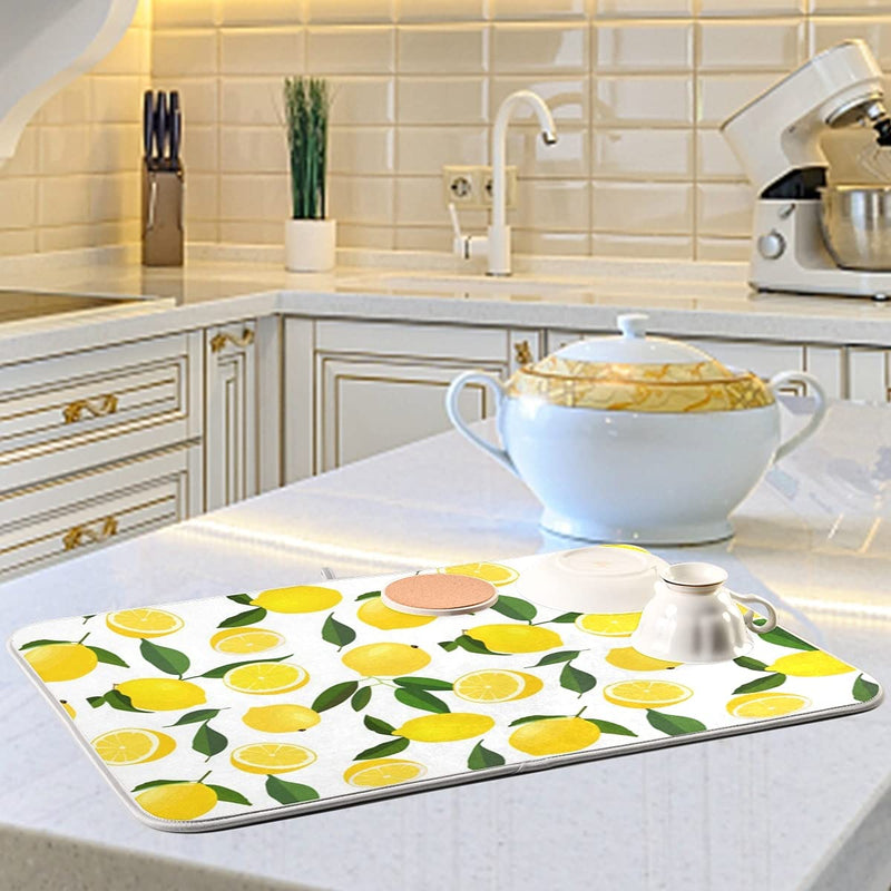 [Australia - AusPower] - Harooni Lemon Dish Drying Mat - Yellow Lemon Leaves Heat Resistant Drying Mat for Kitchen Countertop Home Decoration 16 x 18 Inch 16x18inch 