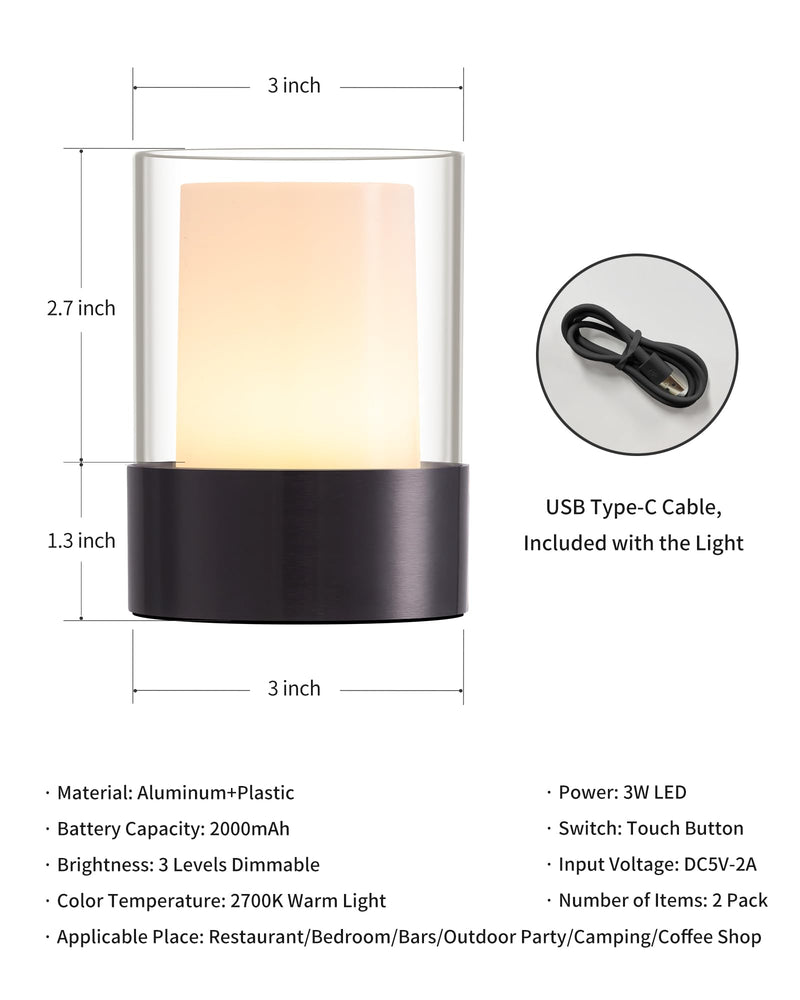 [Australia - AusPower] - NEWSEE Cordless Small Candle Table Lamp, Modern Portable 3 Levels Brightness LED Desk Lamps, Rechargeable Battery Powered Lighting, for Living Room, Dining Room, Bedroom, Bar, Night Light (Black) Black-2 