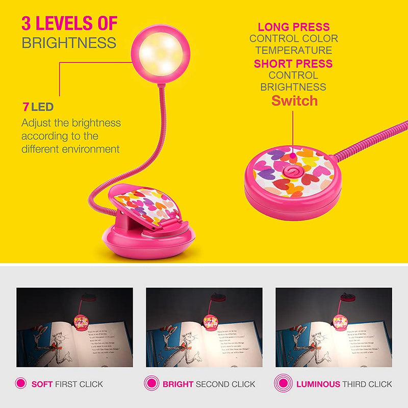 [Australia - AusPower] - Vekkia Cute Rechargeable 7 LED Eye-Care Book Light, Clip on Reading Lights for Reading in Bed at Night, 3 Levels, 1.8oz Light Weight, Up to 40 Hours Reading, Great Gift for Kids & Readers (Rose Red) 