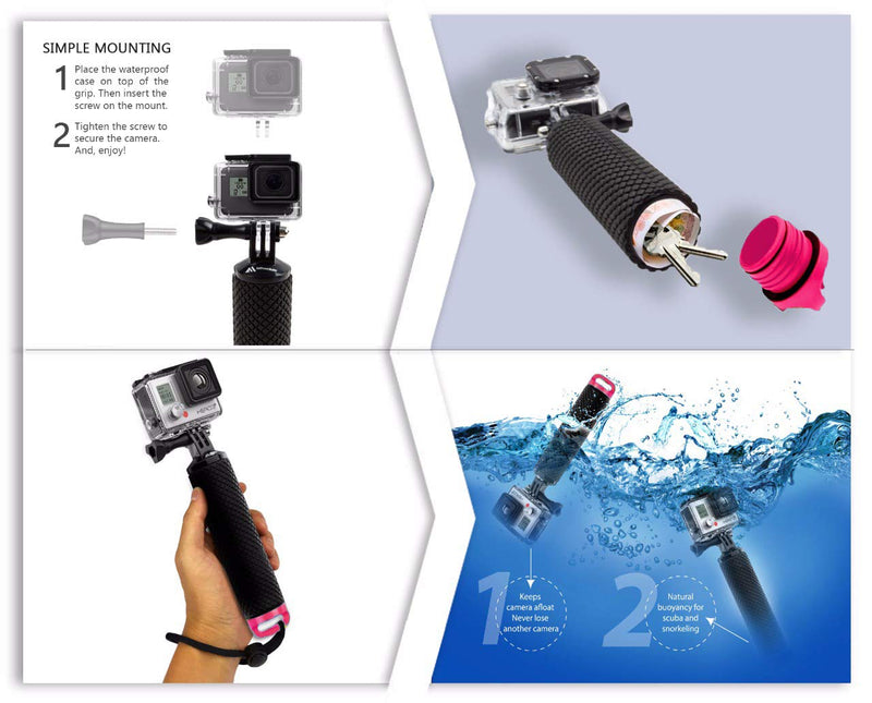 [Australia - AusPower] - Waterproof Floating Hand Grip Compatible with GoPro Hero 10 9 8 7 6 5 4 3+ 2 1 Session Black Silver Handler & Handle Mount Accessories Kit for Water Sport and Action Cameras (Rose Red) Rose Red 