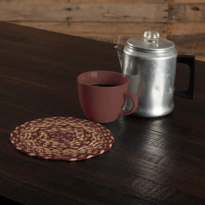 [Australia - AusPower] - VHC Brands Classic Country Primitive Tabletop & Kitchen Jute Red Trivet, 8", Burgundy Natural Tan 
