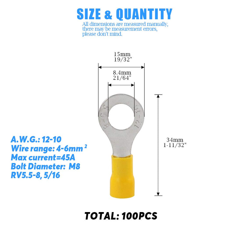 [Australia - AusPower] - Glarks 100pcs 12-10 Gauge M8 Ring Electrical Insulated Quick Splice Crimp Terminals Connectors 