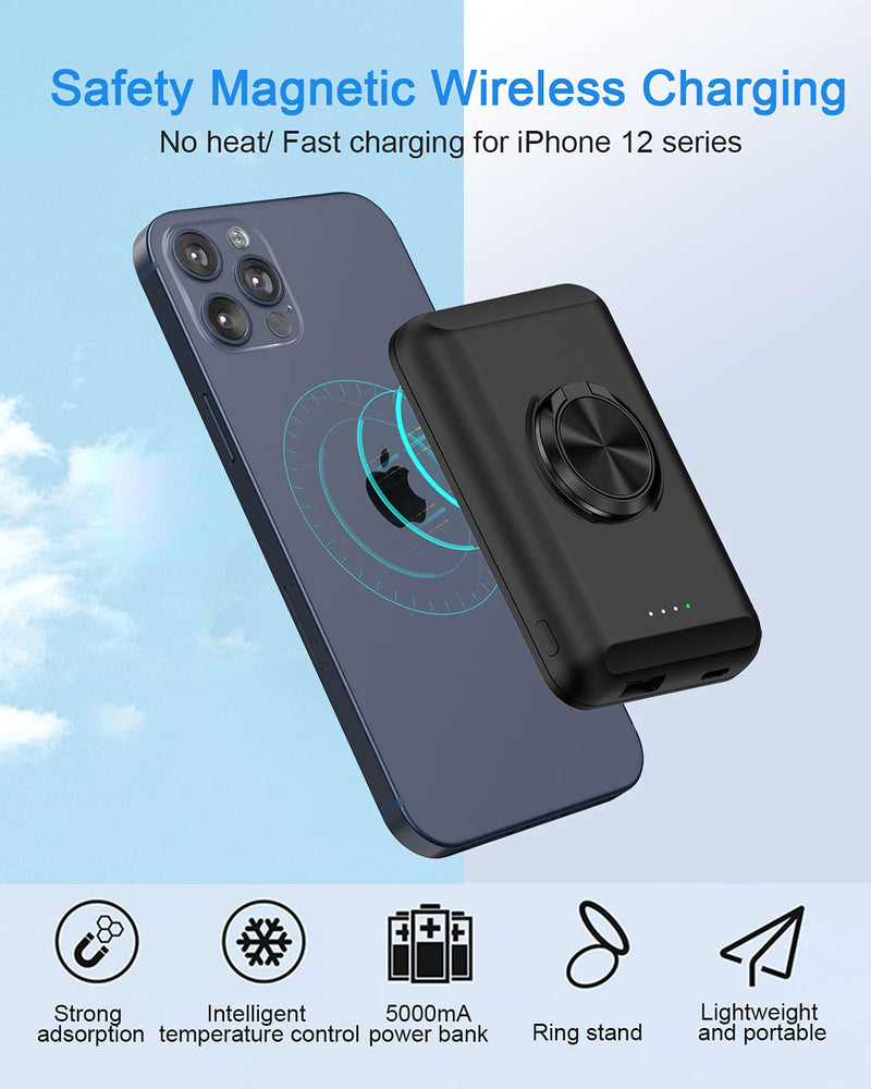 [Australia - AusPower] - Magnetic Wireless Power Bank, 5000mAh Portable Charger, with Finger Holder, Stronger Mobile Phone Magnet, Unique Magnetic Attraction Technology, Compatible with iPhone 12/12 Pro Max 
