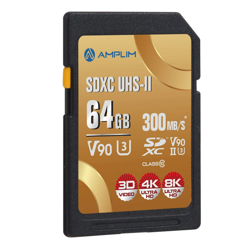 [Australia - AusPower] - Amplim 64GB V90 UHS-II SD SDXC Card, 300MB/S 2000X Read/Write Lightning Speed Performance, Extreme Read, U3 Secure Digital Memory Storage for Professional Photographer and Videographer V90 64GB 