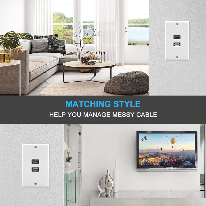 [Australia - AusPower] - HDMI USB Wall Plate with Low Voltage Mounting Bracket,USB 3.0 Charger & HDMI Port Receptacle for High Speed Charging,Wall Face Plate Plug Insert Panel Cable Mount Socket (1-Gang USB+HDMI),White 