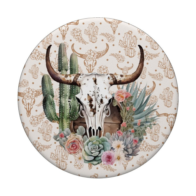 [Australia - AusPower] - Western Boho Chic Longhorn Bull Skull Cactus Beige Pattern PopSockets Swappable PopGrip Black 