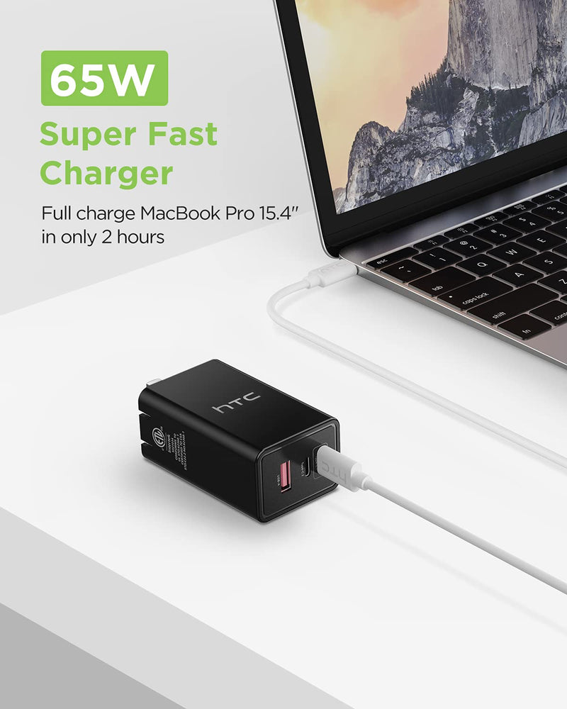 [Australia - AusPower] - HTC USB-C Charger 65W, GaN Fast Charger with 3 Ports, Max Output Power 65W for Each Port, Compact Foldable USB-C Wall Charger for MacBook, USB-C Laptops, iPad, iPhone, Galaxy, and More - Black 
