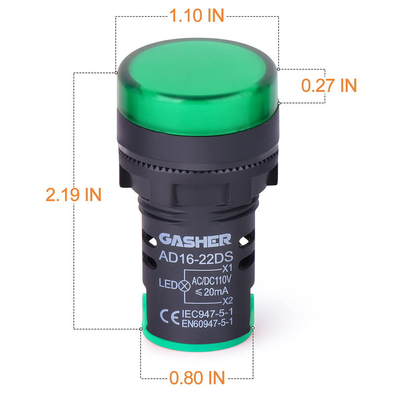 [Australia - AusPower] - GASHER 12V/24V/110V 20mA Energy Saving Indicator Light Mounting Hole Size 22mm (7/8 Inch) Green 10 Pcs 24V 