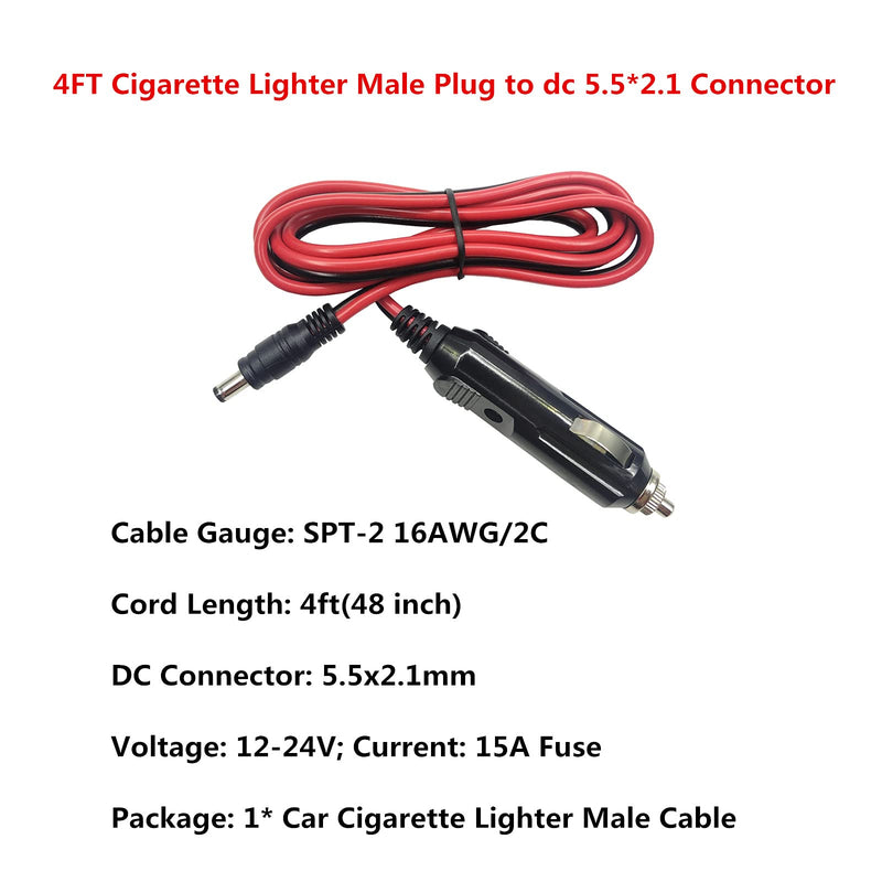 [Australia - AusPower] - DC Car Charger Cable 4ft - 12-24V DC Car Charger Auto Power Supply Cord Cigarette Lighter Male Plug to DC 5.5mm x 2.1mm Connector Extension Cord for Portable DVD Player, Car, Camera 
