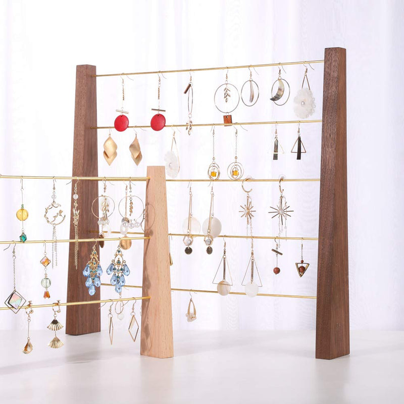[Australia - AusPower] - GemeShou Walnut Brass 5 Tier Earring Cardboad Hanger Stud Dangle Hoop Earring Storage Organizer Tabletop Clip on Earring Display Stand 【Walnut-Brass 5-Tier Height 15.6"】 E2/Walnut Ladder 5-Tier (16.3"x2.4"x15.6" H)+30pcs PVC Earring cards for Free 