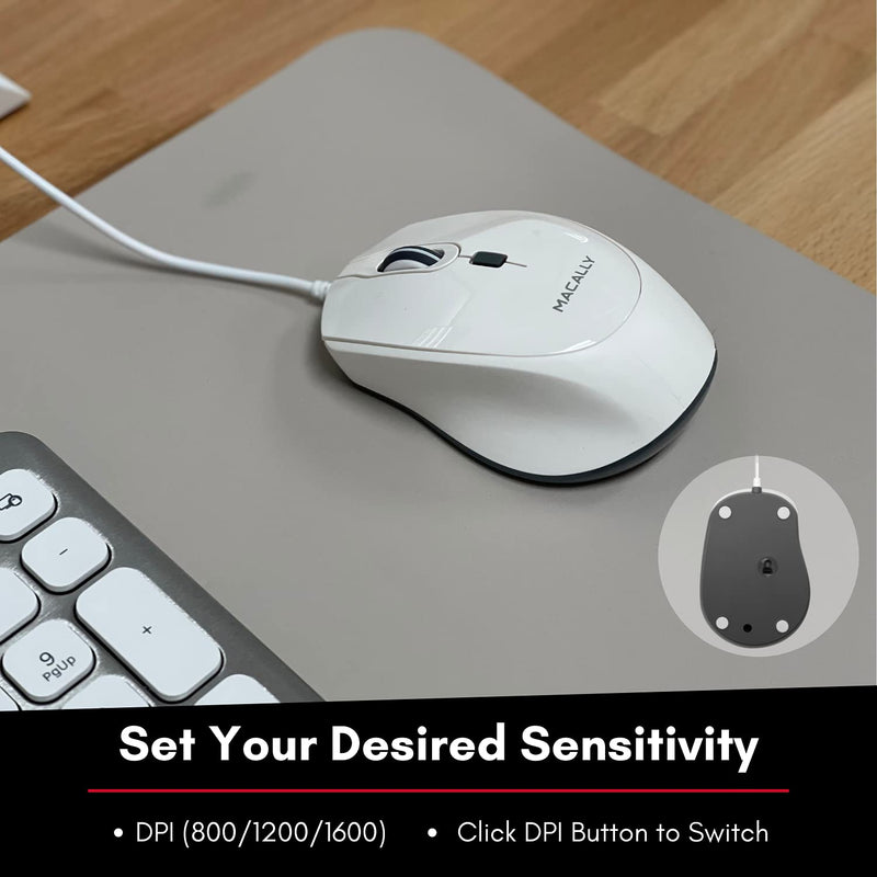 [Australia - AusPower] - Macally USB Wired Mouse for Mac or PC - Comfortable, Smooth, and Quiet - White USB Mouse Wired with 5ft Cable and 4 DPI - Plug and Play Corded Computer Mouse for Laptop or Office Desktop - White 