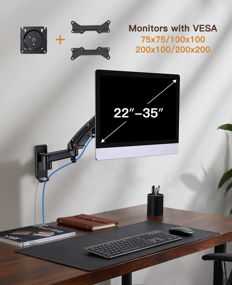 [Australia - AusPower] - HUANUO TV Monitor Wall Mount for 22”-35” Ultrawide Screens, Upgraded Full Motion Monitor Arm Single, Wall Mounted Monitor Stand Support VESA 75/100/200mm, Load Capacity 6.6 to 26lbs 