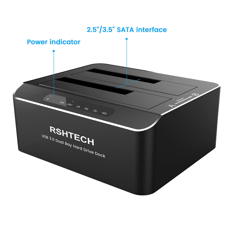 [Australia - AusPower] - Hard Drive Dock, RSHTECH Aluminum USB 3.0 to SATA Dual Bay External Hard Drive Docking Station for 2.5 & 3.5 inch SATA HDD SSD with Offline Clone/Duplicator Function, Support UASP & 2x16TB (RSH-DS01) SATA Dual-Bay Hard Drive Dock 