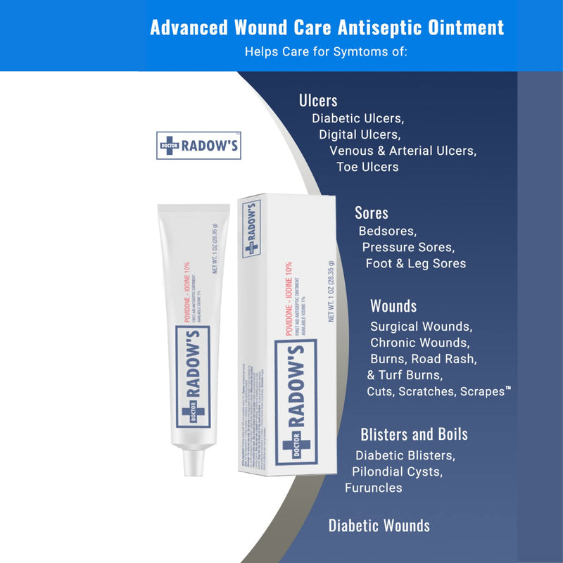 [Australia - AusPower] - Doctor Radow’s Povidone Iodine First Aid Antiseptic Ointment 10% 3X Faster Healing, No Sting, Best for cuts, scrapes, burns, surgical and diabetic wounds, bed sores, pressure sores, ulcers (1 oz tube) 
