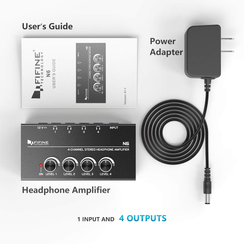 [Australia - AusPower] - Fifine Headphone Amplifier 4 Channels Metal Stereo Audio Amplifier,Mini Earphone Splitter with Power Adapter-4x Quarter Inch Balanced TRS Headphones Output and TRS Audio Input for Sound Mixer-N6 